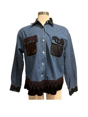 American Rave Denim Shirt L Grunge Velvet Fringe Y2K Vintage 90’s
